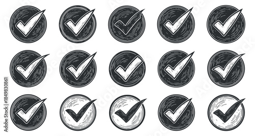A collection of hand-drawn checkmarks inside circular outlines in black and white vector style, suitable for web and graphic design projects