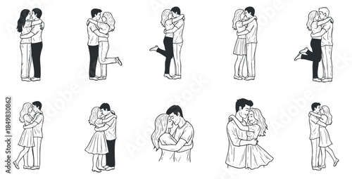 A collection of romantic couple illustrations in black and white vector style, perfect for love-themed projects