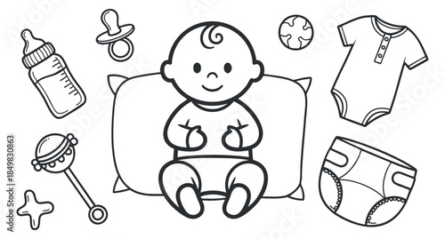 A cute baby sitting with toys including a bottle, pacifier, and diaper in minimalist black and white line art style, perfect for parenting and childcare themes