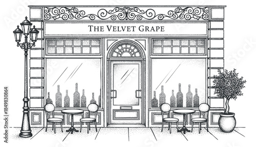 A detailed illustration of a wine shop storefront called The Velvet Grape in black and white vector style, perfect for restaurant branding and design projects
