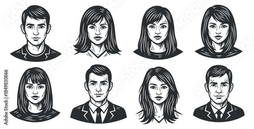 A collection of eight stylized face portraits featuring men and women in black and white line art vector style, ideal for business branding and identity design