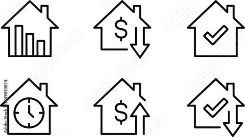Real estate finance and property management icon set featuring home value, mortgage rates, approval status and investment outline vectors