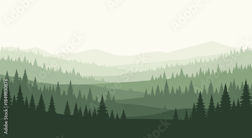 Serene layers of forest and mountains in a muted green vector landscape illustration