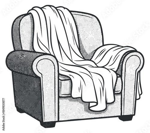 An armchair with a draped blanket in a detailed black and white outline vector style, ideal for home decor and interior design projects