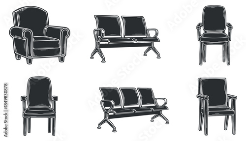 A collection of various chair designs including armchair, sofa, and dining chairs in black and white outline vector style, suitable for interior design projects