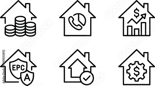 Real estate and property performance icon set featuring home investment, energy efficiency rating, valuation growth and management outline vector symbols