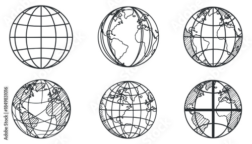 A collection of six globe illustrations in black and white outline vector style, suitable for educational and geographical designs