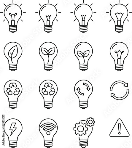 Light bulb and idea icon set featuring creative concepts, eco energy, recycling, smart technology and innovation outline vector collection