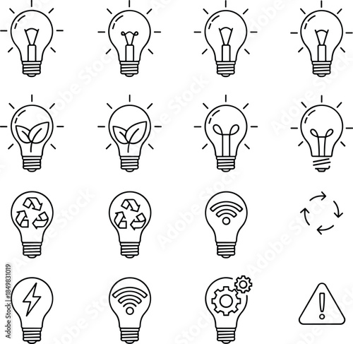 Light bulb idea and energy icon set featuring innovation concepts, eco solutions, smart technology, recycling symbols and warning outline vectors