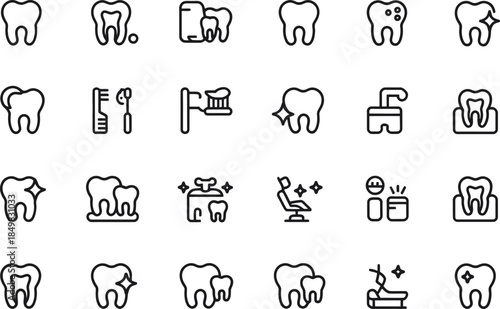 Collection of black outline dental care icons representing tooth health cleaning procedures and professional dentistry services for medical design