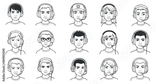 A collection of nine young people wearing headphones in outline vector style, suitable for music and technology-related projects