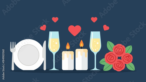 Romantic Dinner Table Setting with Candles Roses.