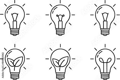 Light bulb and eco idea icon set featuring creative concepts, innovation symbols, energy efficiency and sustainable thinking outline vector collection