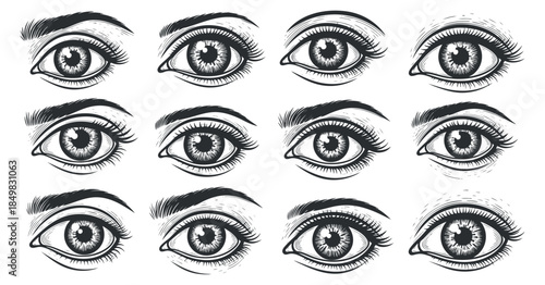 A collection of twelve detailed and artistic eye illustrations in black and white line art style, suitable for creative projects and designs