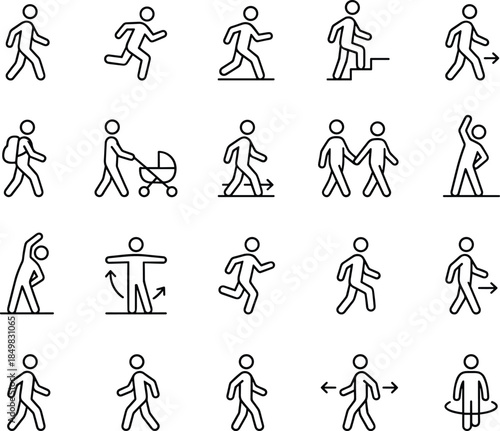 Human walking and movement icon set featuring people actions, directions, motion steps, activities and behavior outline vector symbols