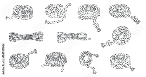 A collection of various rope and knot illustrations in black and white outline vector style, perfect for crafting and design projects
