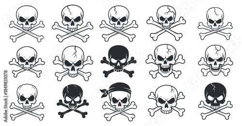 A collection of skull and crossbones icons in black and white outline vector style, perfect for pirate-themed designs and decorations