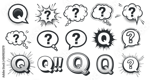 A collection of speech bubbles featuring question marks and the letter Q in black and white comic vector style, ideal for graphic design and creative projects