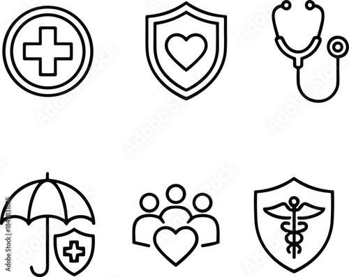 Healthcare insurance and medical protection icon set featuring health symbols, family coverage, doctor care and safety outline vector collection