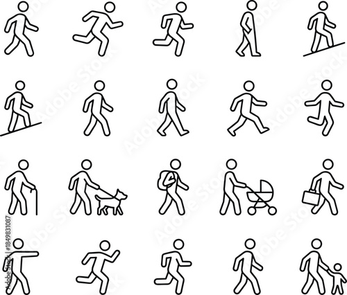 Human walking and activity icon set featuring people movements, daily actions, pedestrian behaviors and lifestyle outline vector symbols