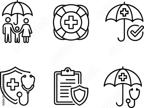 Insurance and health protection icon set featuring medical coverage, family safety, healthcare security and risk management outline vector symbols