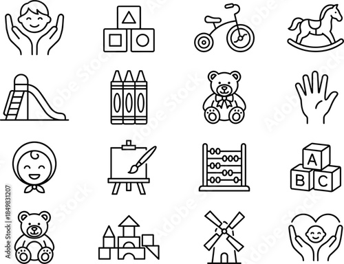 Children toys and education icon set featuring baby care, learning blocks, playground items, creativity and childhood outline vector symbols