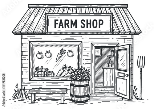 A farm shop with a welcoming entrance and produce display in hand-drawn black and white style, ideal for agriculture-themed projects