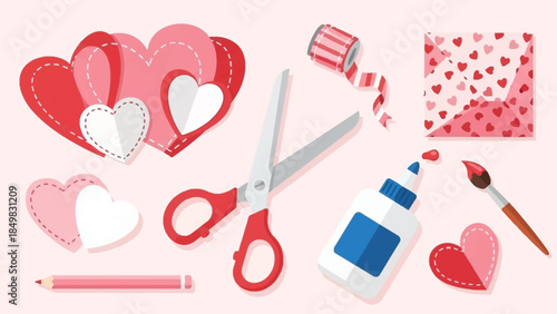 Valentines Day Crafting Tools and Hearts.