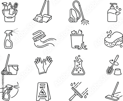 Cleaning and housekeeping icon set featuring cleaning tools, detergents, sanitation equipment and household hygiene outline vector symbols