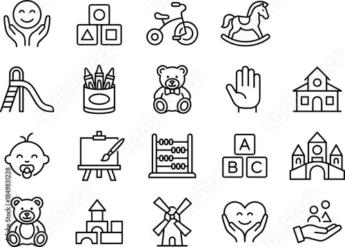 Children toys and education icon set featuring baby care, learning blocks, playground items, creativity and childhood outline vector collection