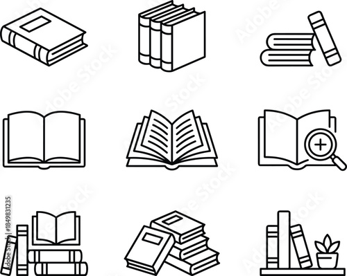 Book and reading icon set featuring open books, book stacks, library elements, study resources and knowledge outline vector symbols