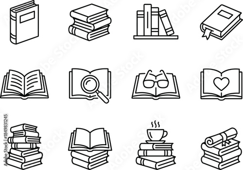 Book and reading icon set featuring stacks of books, open pages, study symbols, education and knowledge outline vector collection