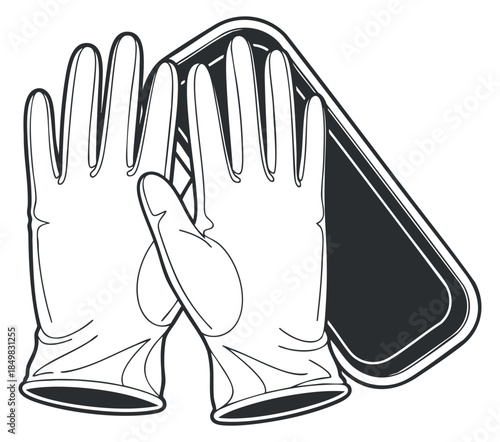 A pair of rubber cleaning gloves placed beside a container in minimalist black and white vector style, ideal for cleaning service branding