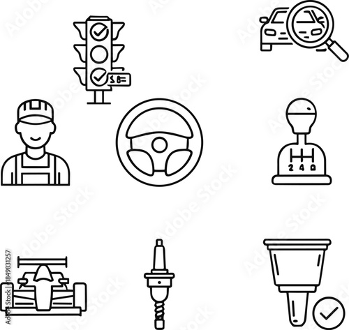 Automotive service and inspection icon set featuring traffic control, mechanic support, vehicle diagnostics, car parts and maintenance outline vectors