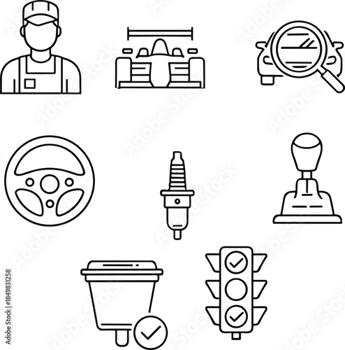 Automotive service and inspection icon set featuring mechanic support, vehicle diagnostics, car parts, traffic signals and maintenance outline vectors