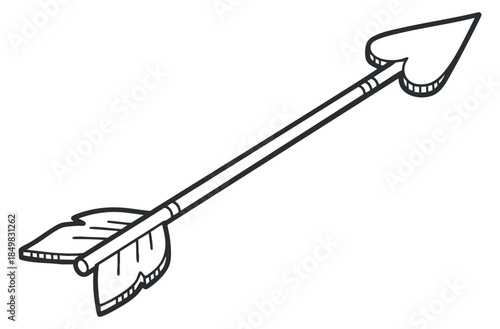 A stylized arrow with a heart-shaped tip and fletching in black outline vector style, ideal for creative designs and illustrations