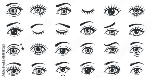 A set of various eye illustrations in black and white outline vector style, suitable for beauty and cosmetic design projects