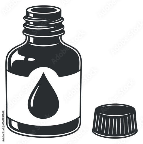 A dropper bottle with a liquid drop design in clean outline vector style, suitable for healthcare and cosmetic branding