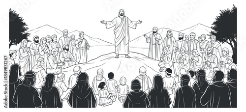 An illustration of Jesus Christ teaching a crowd of followers in a black and white outline vector style, suitable for religious materials and educational content