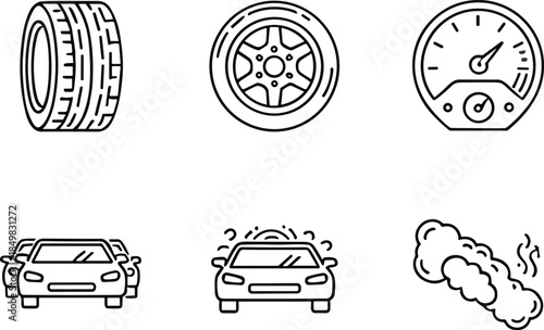 Automotive performance and vehicle condition icon set featuring tire, wheel, speedometer, car behavior and exhaust emissions outline vectors