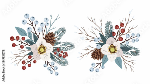 Watercolor Floral Arrangements with Berries and Pinecones.