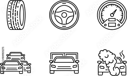 Automotive performance and driving icon set featuring car parts, speedometer, traffic situations and vehicle behavior outline vector symbols