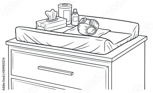 A minimalist outline illustration of a changing table with baby supplies, including tissues, wipes, and a bottle, suitable for parenting and nursery design