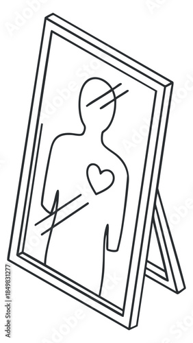 A minimalist outline illustration of a person gazing at their reflection in a mirror, perfect for modern decor and wellness themes