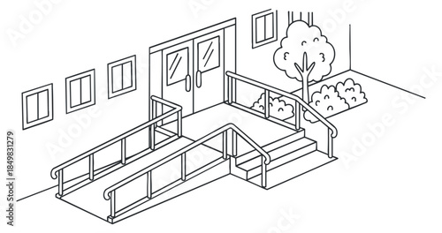 A wheelchair ramp leading to a building entrance in clean outline vector style, suitable for accessibility design and architecture projects