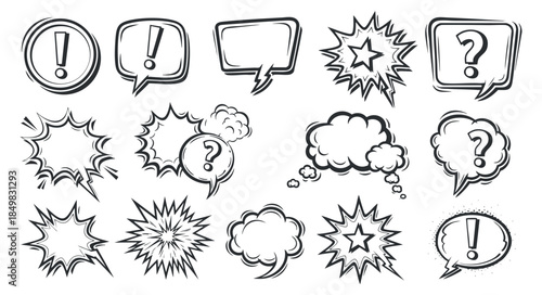 A collection of comic-style speech bubbles, exclamation points, and question marks in black and white outline vector style, perfect for graphic design and communication projects