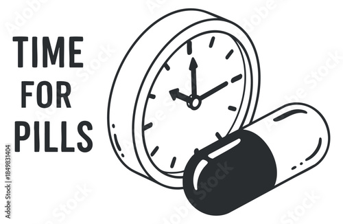 A clock displaying time with a capsule pill in black and white outline vector style, ideal for healthcare reminders and medication management