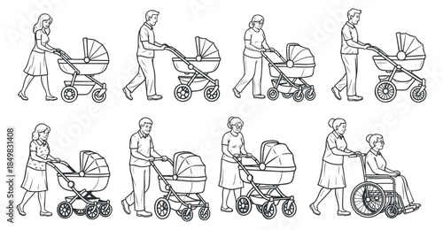 A collection of people interacting with strollers and wheelchairs in outline minimalist vector style, ideal for parenting and caregiving themes