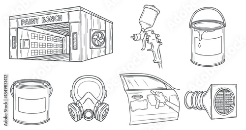 A collection of paint-related tools including spray gun, paint cans, mask, and ventilation in black and white outline vector style, ideal for art and DIY projects