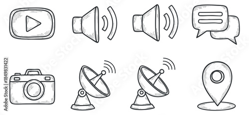 A collection of media and communication icons including video play, sound, camera, satellite, and location markers in outline vector style, perfect for digital platforms and applications